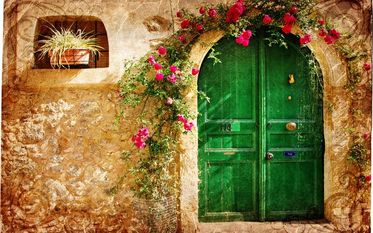 цветы, узор, город, дверь, домик, vintage loveliness, старый, каменный, малиновые, raspberry, flowers, pattern, the city, the door, house, old, stone