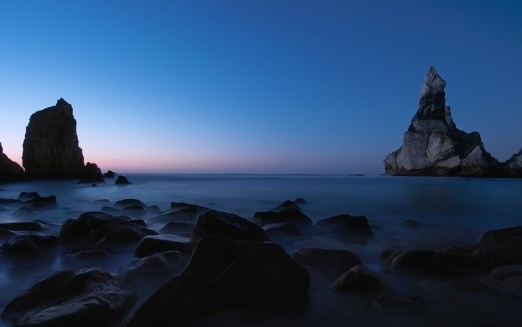 скалы, море, сумерки, rocks, sea, twilight