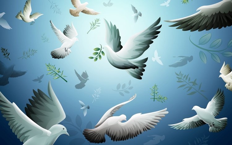 рисунок, полет, ветки, птицы, голуби, figure, flight, branches, birds, pigeons