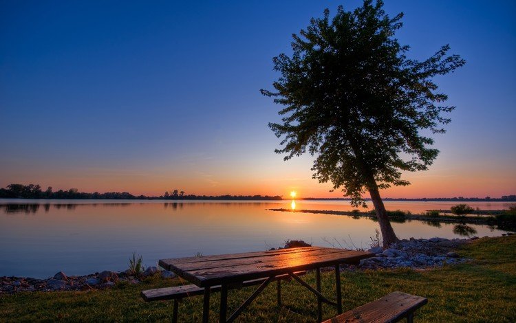 озеро, дерево, закат, стол, lake, tree, sunset, table