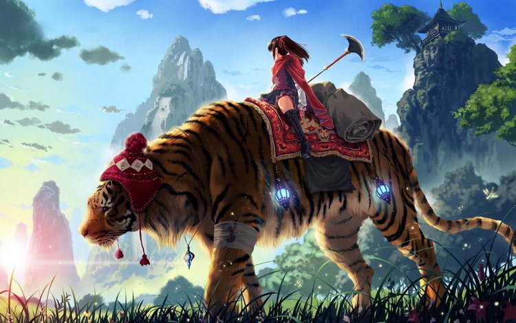 тигр, трава, горы, девушка, копье, kankurou, tiger, grass, mountains, girl, spear