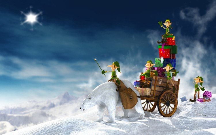 новый год, зима, медведь, подарки, белый, гномы, new year, winter, bear, gifts, white, dwarves