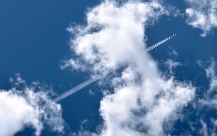 облака, самолет, след, clouds, the plane, trail