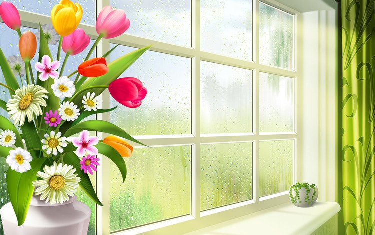букет, окно, ваза, bouquet, window, vase
