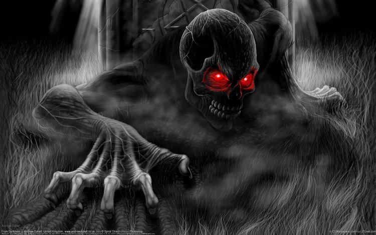 монстр, черно-белая, смерть, череп, andrew dobell, - from darkness, monster, black and white, death, skull