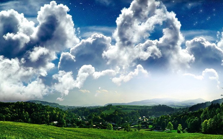 небо, трава, облака, деревья, поле, деревушка, the sky, grass, clouds, trees, field, village