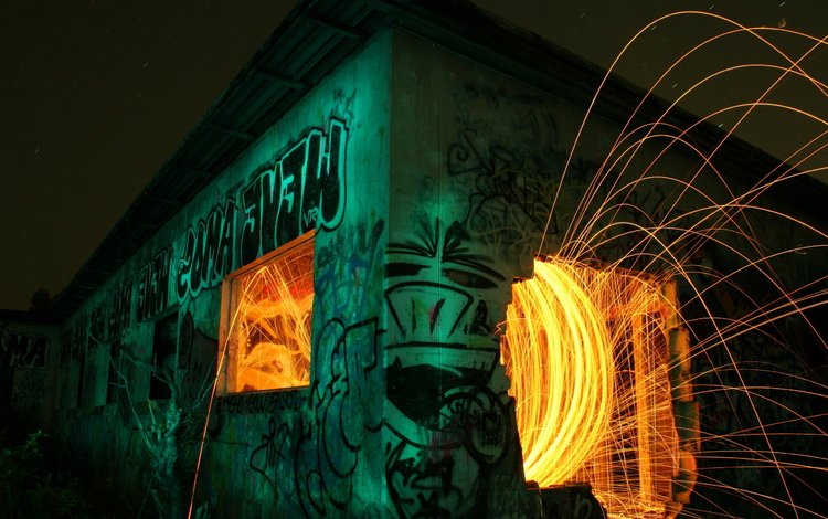 ночь, огонь, граффити, искры, night, fire, graffiti, sparks