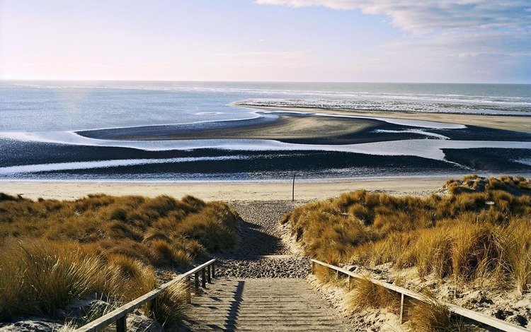 природа, волны, лестница, пейзаж, море, песок, пляж, горизонт, nature, wave, ladder, landscape, sea, sand, beach, horizon