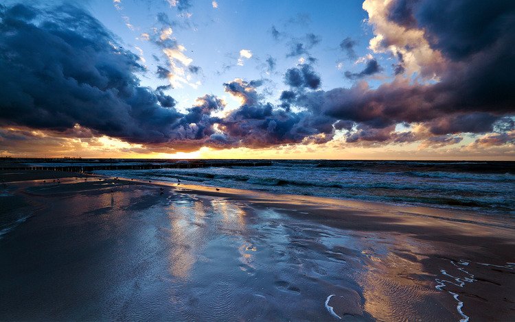 облака, закат, море, пляж, причал, clouds, sunset, sea, beach, pier