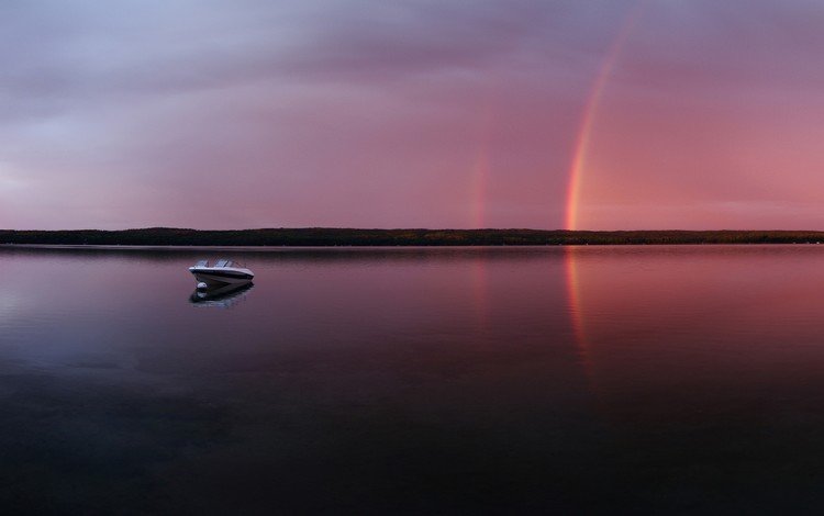 вечер, озеро, радуга, лодка, the evening, lake, rainbow, boat