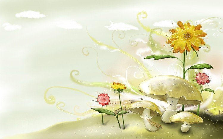 цветы, рисунок, грибы, flowers, figure, mushrooms