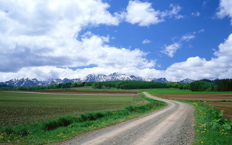 дорога, облака, горы, поле, road, clouds, mountains, field