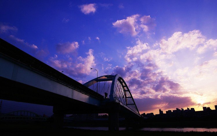 облака, закат, мост, дома, clouds, sunset, bridge, home