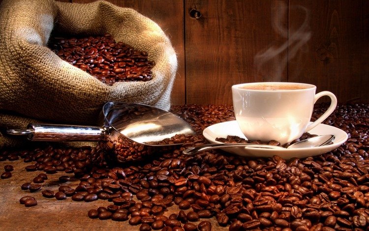 кофе, мешок, чашка, кофейные зерна, совок, coffee, bag, cup, coffee beans, scoop