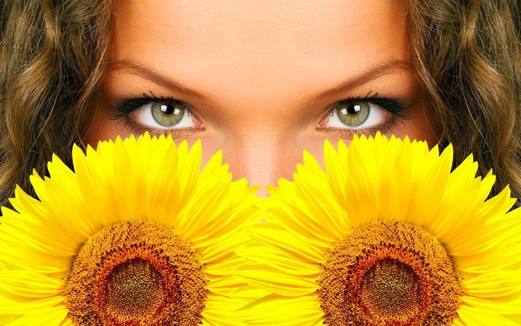 глаза, цветы, подсолнух, eyes, flowers, sunflower