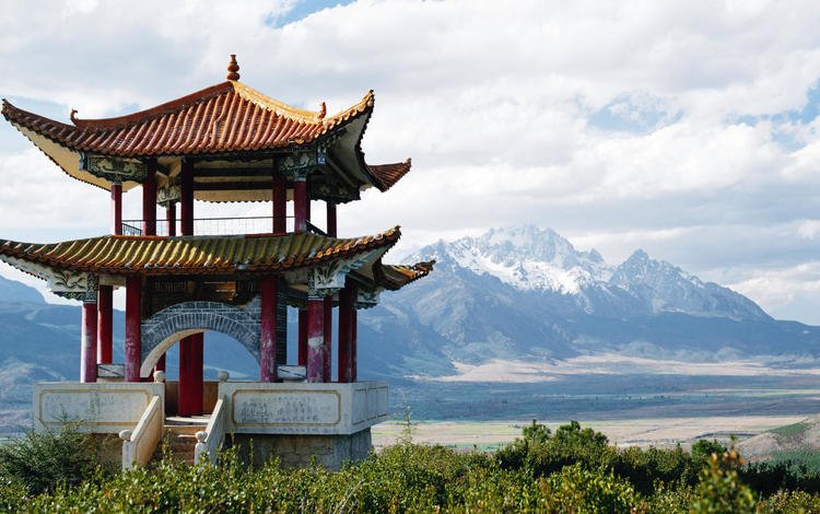 пагода, китай, снежные горы, pagoda, china, snowy mountains