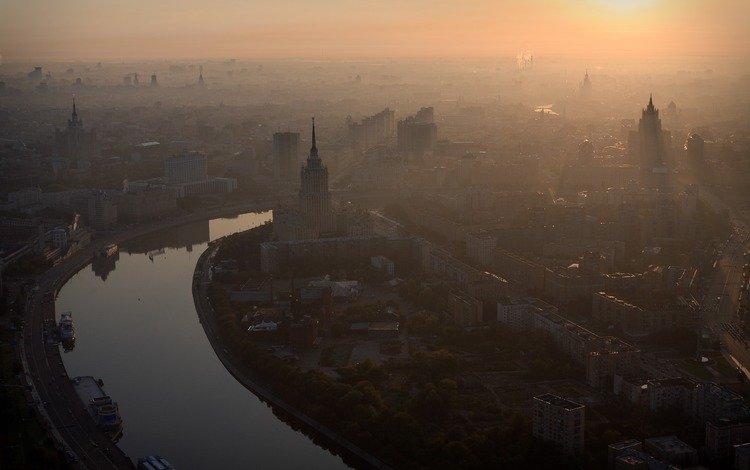 река, утро, туман, москва, город, россия, river, morning, fog, moscow, the city, russia