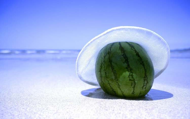 берег, песок, арбуз, шляпа, shore, sand, watermelon, hat