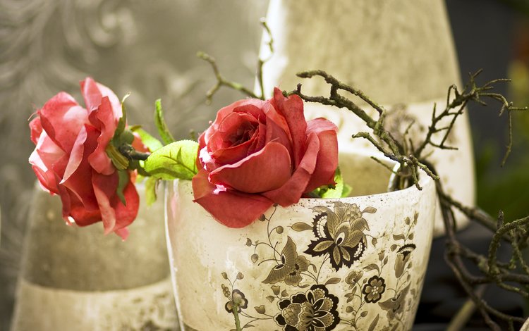 ветка, узор, розы, красные, ткань, ваза, искусственные цветы, branch, pattern, roses, red, fabric, vase, artificial flowers