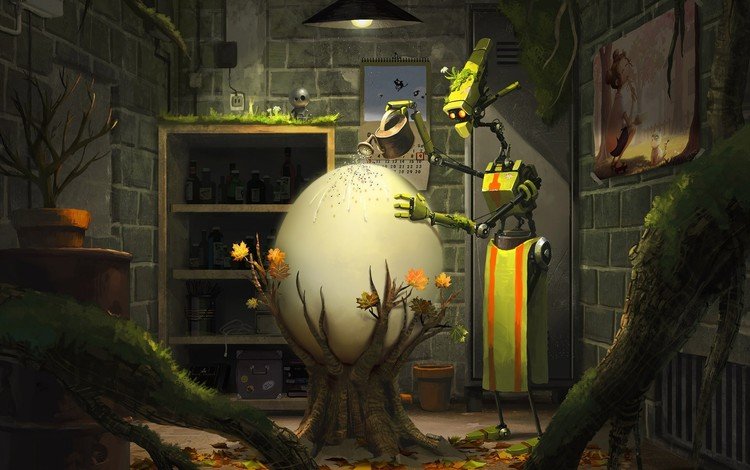 робот, фантазия, жизнь, растение, забота, яйцо, goro fujita - hidden nature, robot, fantasy, life, plant, care, egg