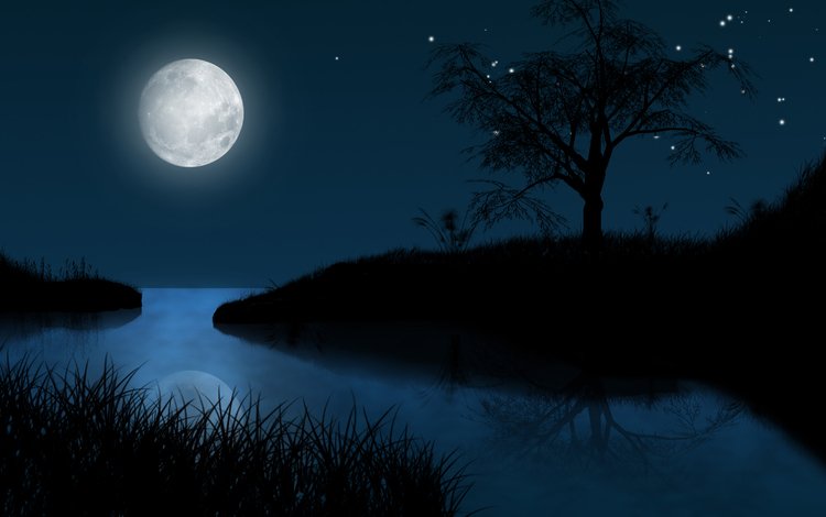 рисунок, ночь, пейзаж, звезды, луна, figure, night, landscape, stars, the moon