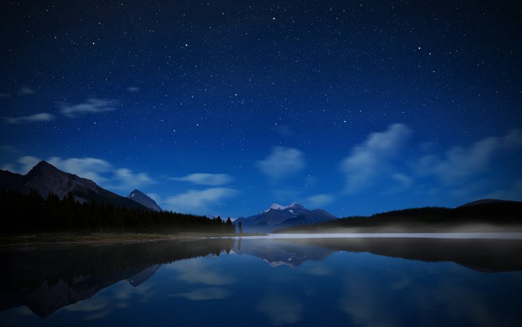 небо, ночь, вода, озеро, горы, звезды, канада, парк джаспер, the sky, night, water, lake, mountains, stars, canada, park jasper