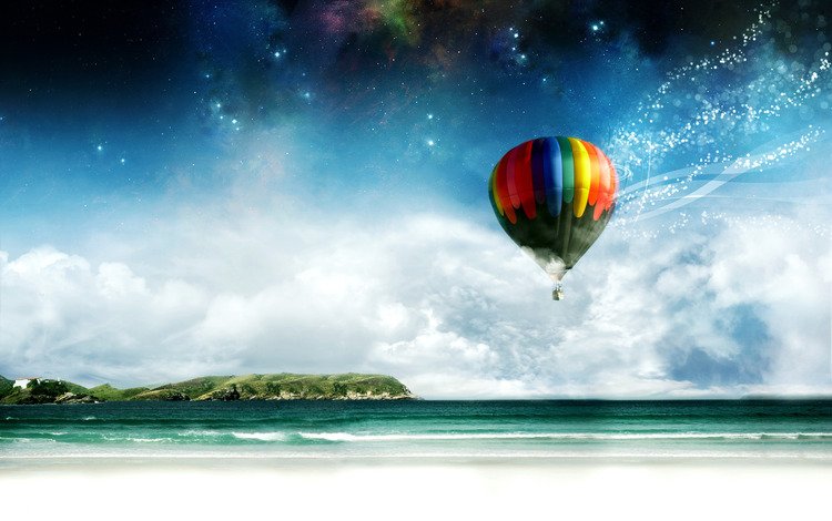 берег, море, воздушный шар, shore, sea, balloon