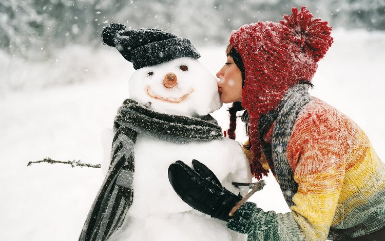 снег, зима, девушка, снеговик, поцелуй, snow, winter, girl, snowman, kiss
