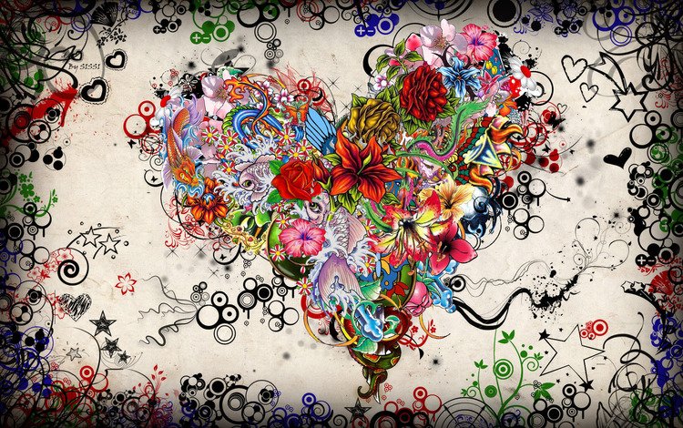 цветы, звезды, сердце, эмоции, красочно, flowers, stars, heart, emotions, colorful