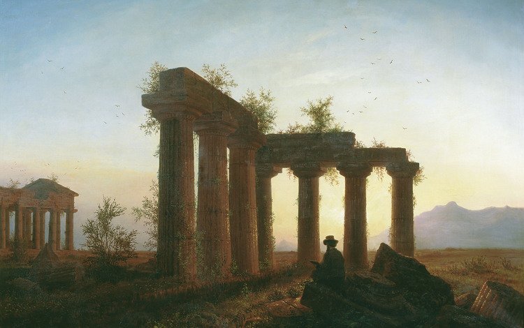 развалины, закат солнца, человек, живопись, греческий храм, the ruins, sunset, people, painting, greek temple