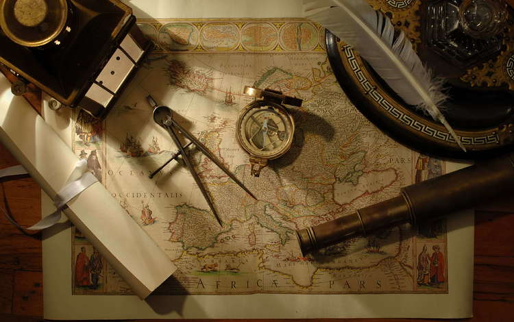карта, компас, подзорная труба, перо, map, compass, spyglass, pen
