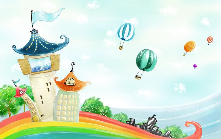 домики, радуга, воздушные шары, houses, rainbow, balloons