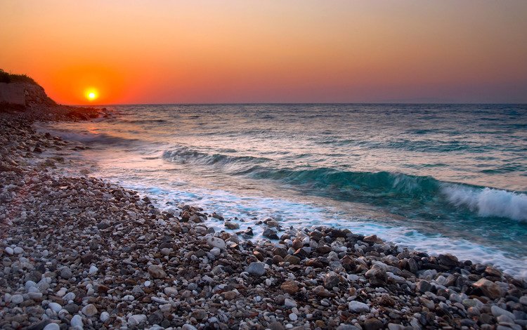 камни, берег, галька, закат, море, пляж, горизонт, прибой, stones, shore, pebbles, sunset, sea, beach, horizon, surf