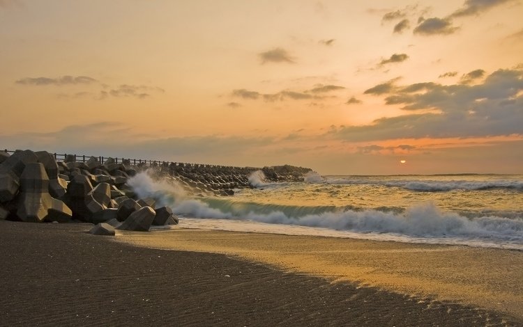солнце, берег, волны, закат, море, песок, причал, misawa, the sun, shore, wave, sunset, sea, sand, pier