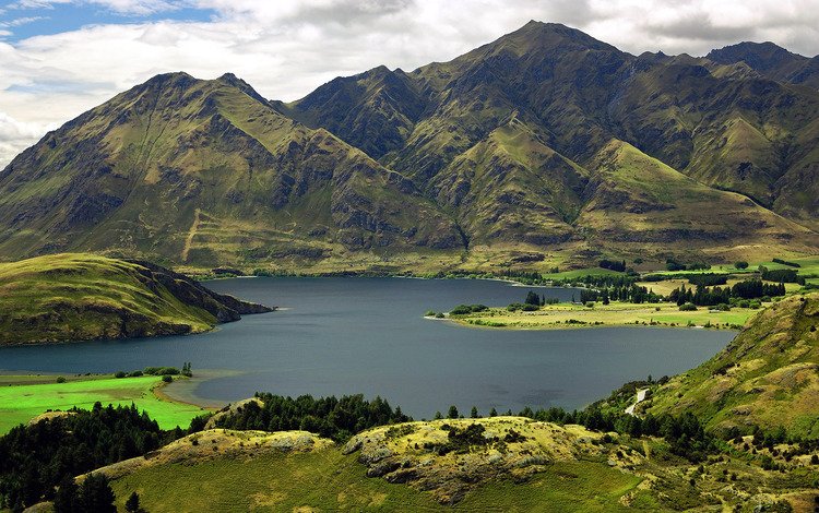 озеро, горы, зелень, новая зеландия, lake, mountains, greens, new zealand