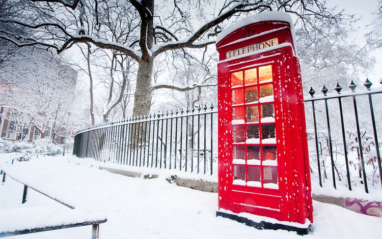 зима, красная, забор, телефонная будка, winter, red, the fence, phone booth
