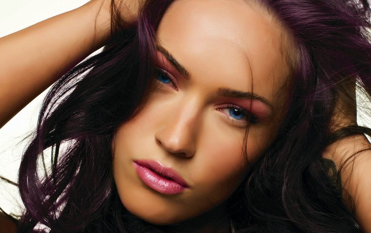 девушка, портрет, взгляд, меган фокс, волосы, лицо, пурпур, girl, portrait, look, megan fox, hair, face, purple