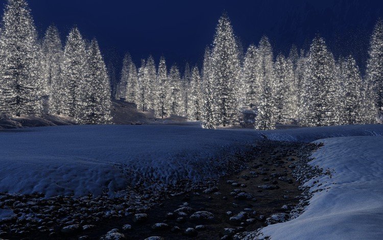 огни, снег, новый год, зима, елки, lights, snow, new year, winter, tree