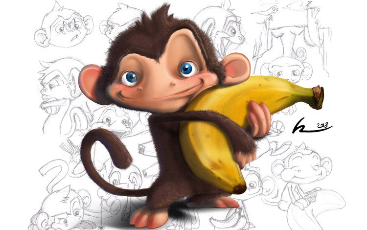 рисунки, белый фон, обезьяна, детские обои, банан, drawings, white background, monkey, baby wallpaper, banana