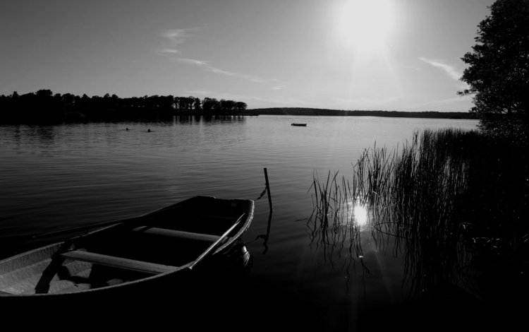 озеро, лодка, чернобелая, lake, boat, black and white