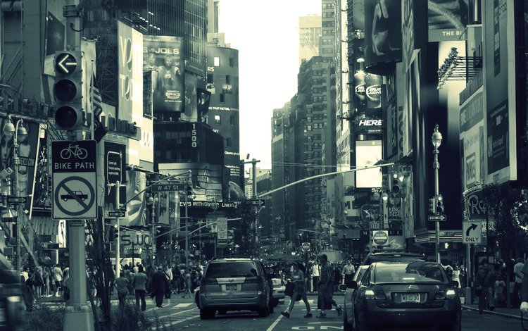 люди, серый, нью-йорк, машины, здания, реклама, people, grey, new york, machine, building, advertising