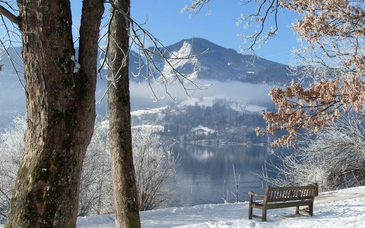 озеро, горы, зима, скамья, lake, mountains, winter, bench
