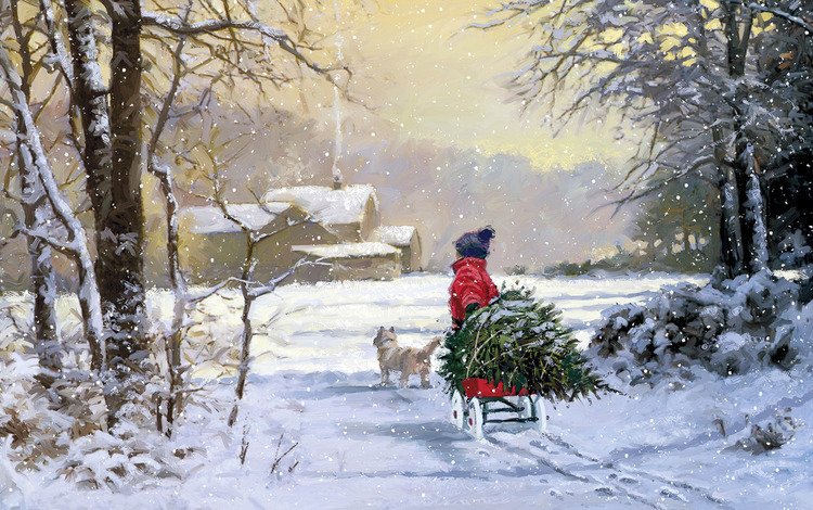 елка, зима, собака, ребенок, tree, winter, dog, child