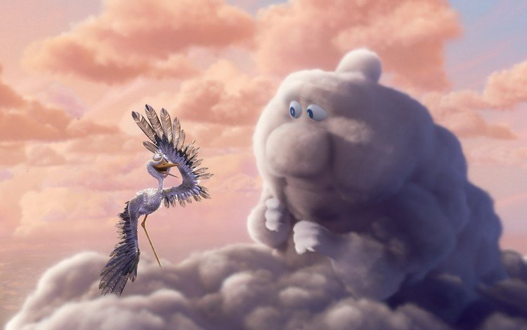 небо, рисунок, облака, птица, аист, the sky, figure, clouds, bird, stork