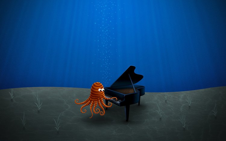 рисунок, синий, осьминог, дно, рояль, figure, blue, octopus, the bottom, piano