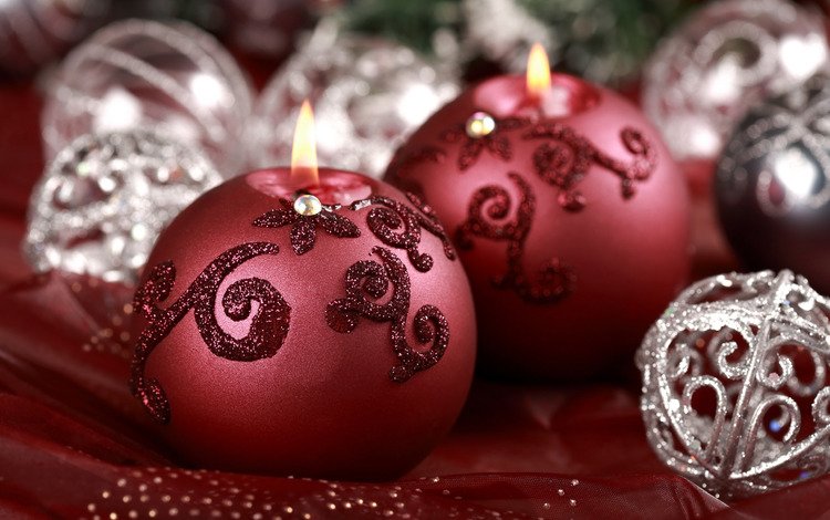 свечи, серебряный, новый год, украшения, макро, красный, шарик, праздник, блестки, candles, silver, new year, decoration, macro, red, ball, holiday, sequins