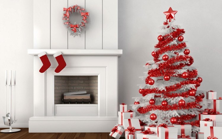 елка, подарки, камин, паркет, tree, gifts, fireplace, flooring