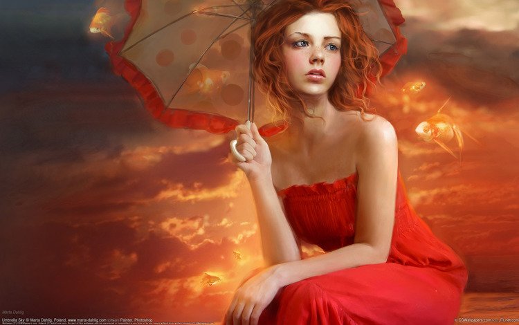 рисунок, девушка, фантастика, рыбки, зонт, в красном, figure, girl, fiction, fish, umbrella, in red
