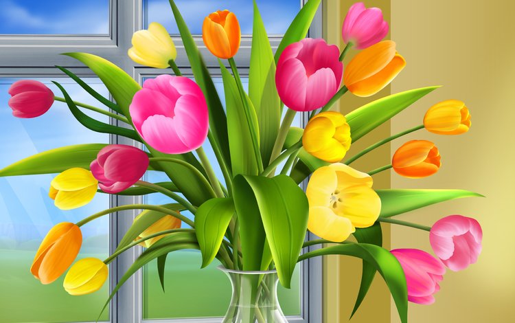 тюльпаны, окно, ваза, tulips, window, vase
