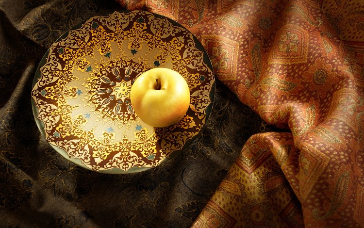 ткань, яблоко, тарелка, чаша, желтое, натюрморт, скатерть, fabric, apple, plate, bowl, yellow, still life, tablecloth